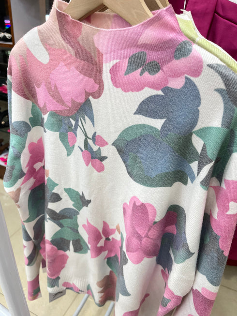 Women High Neck Floral Printed Knitted Pullover